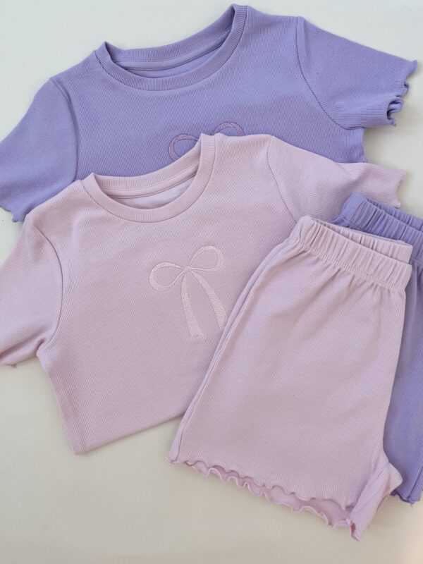 Ribbed Bow Embroidery Summer Set - Pink/Lilac